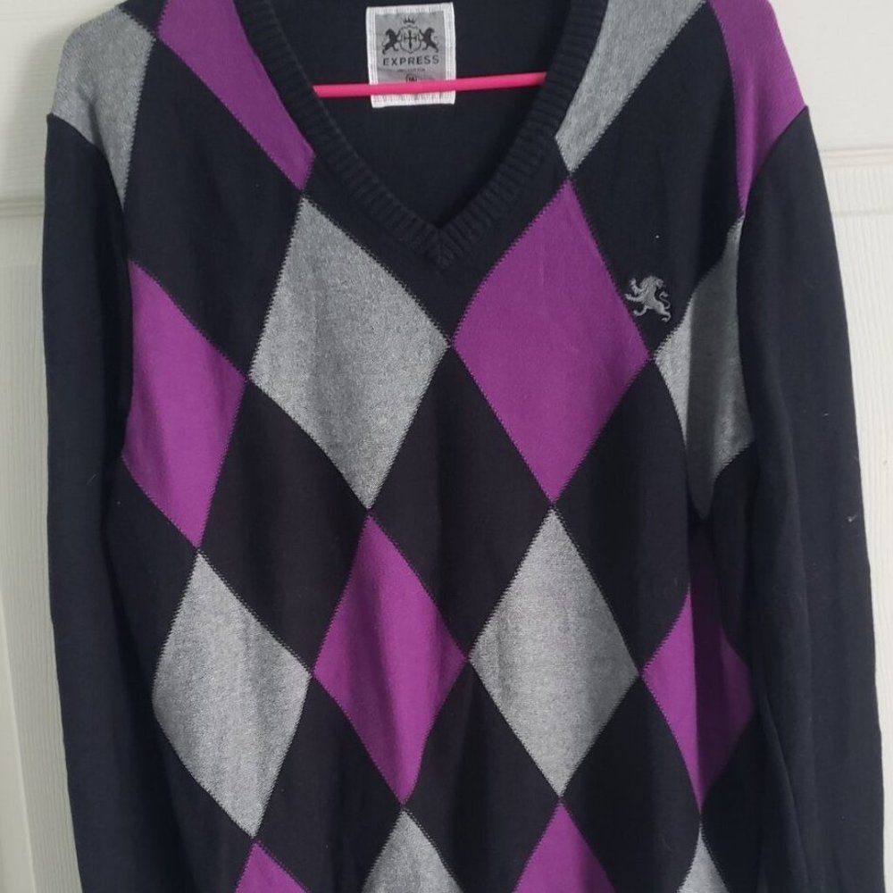 Express Sweater Men's Argyle Black Purple Gray Cotton V Neck Pullover Sweater M